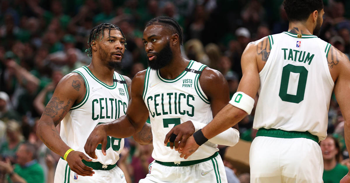 Celtics' Jayson Tatum consoled by Jaylen Brown after NBA Finals